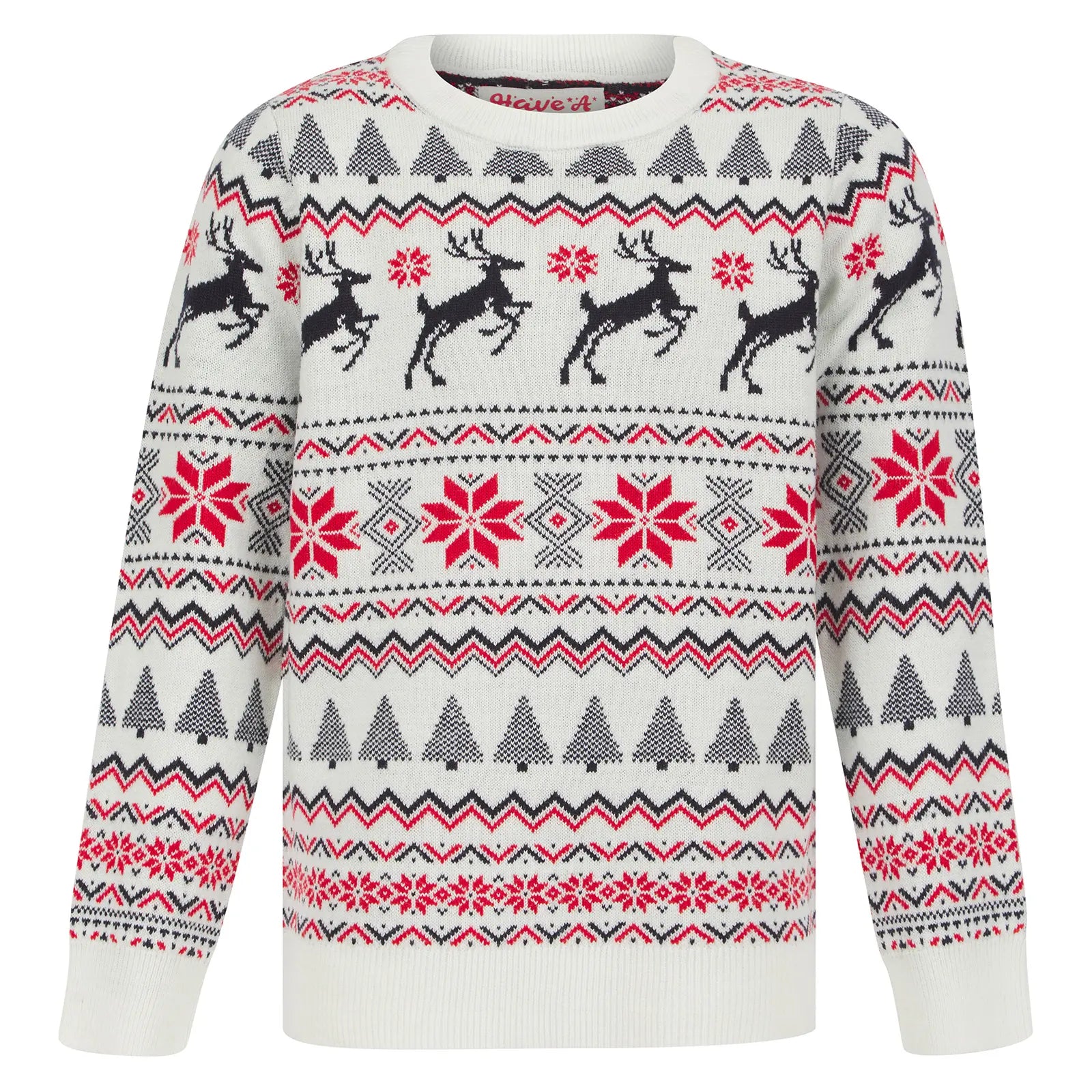 white christmas jumper featuring festive fair isle pattern with dancing reindeers, snowflakes, christmas trees and zig zag patterns, with a crew neckline and ribbed arm cuffs
